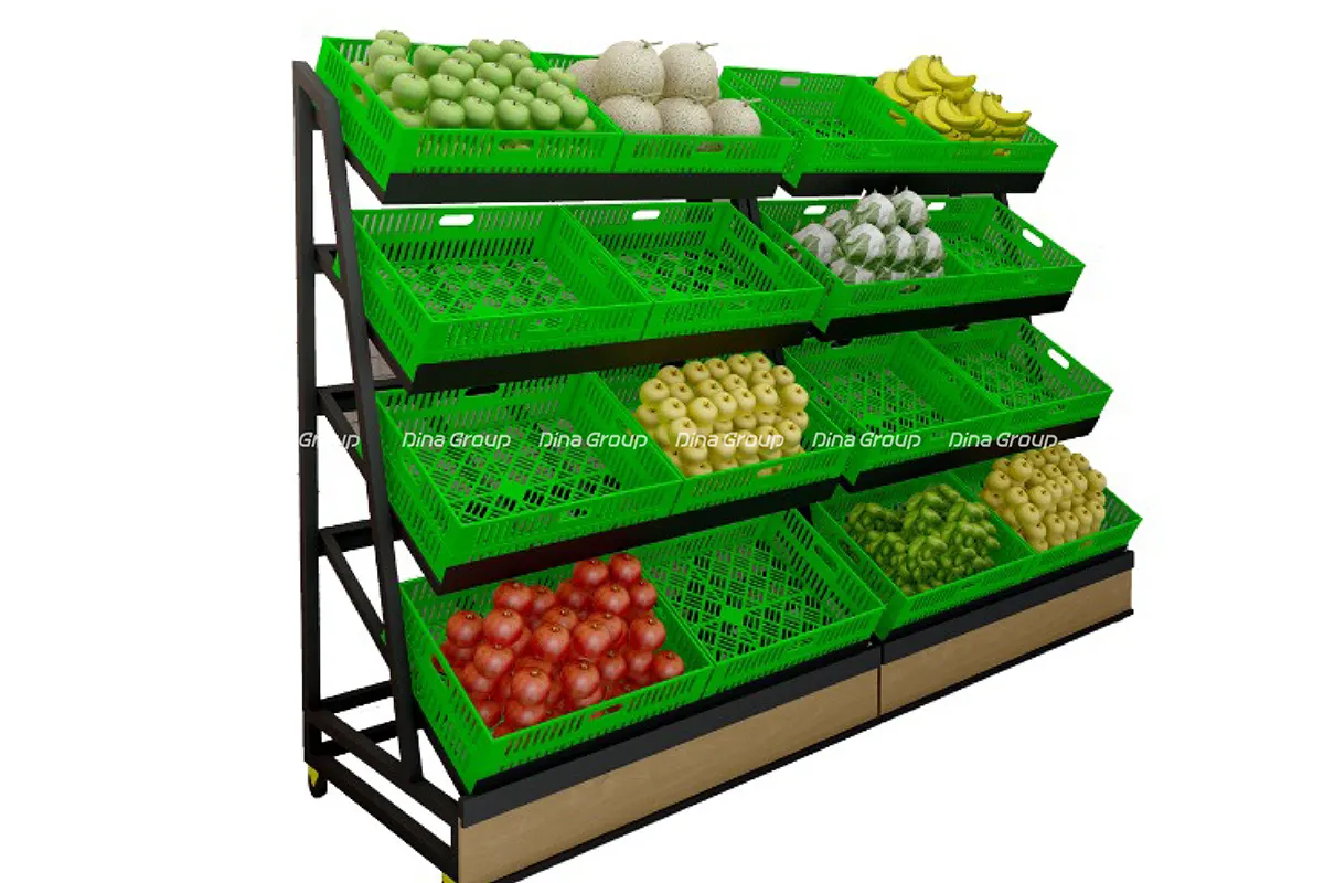قفسه فلزی با سبد پلاستیکی میوه و سبزیجات فروشگاهی