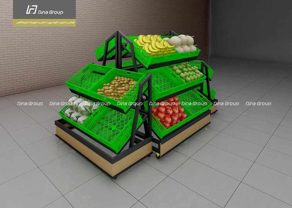 قفسه میوه و سبزیجات با سبد پلاستیکی