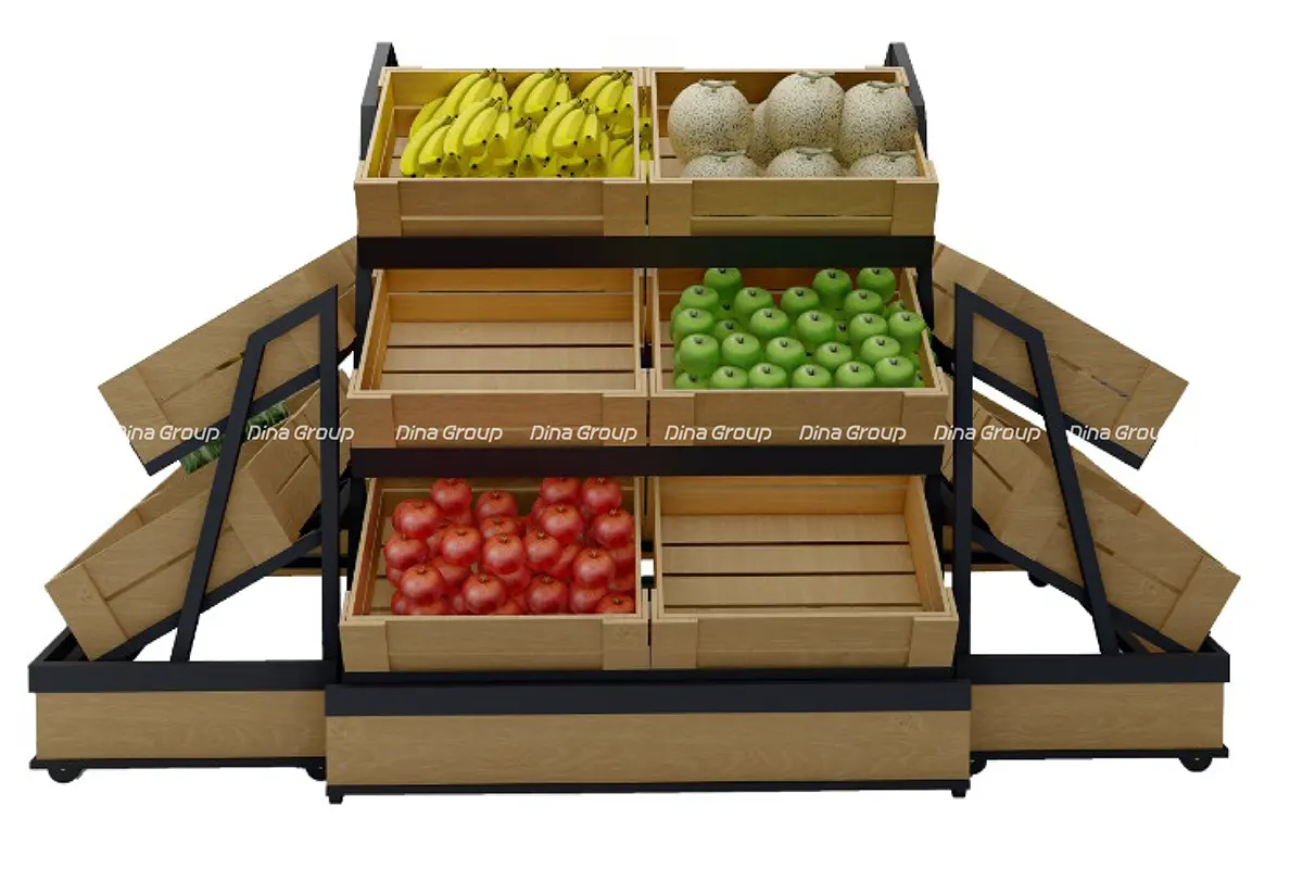 قفسه چوب و فلز میوه و سبزیجات فروشگاهی